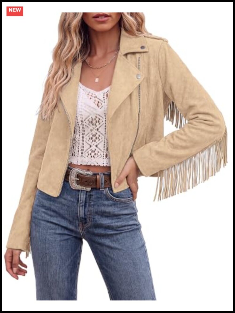 Faux Suede Fringe Cropped Moto Jacket Zip Up